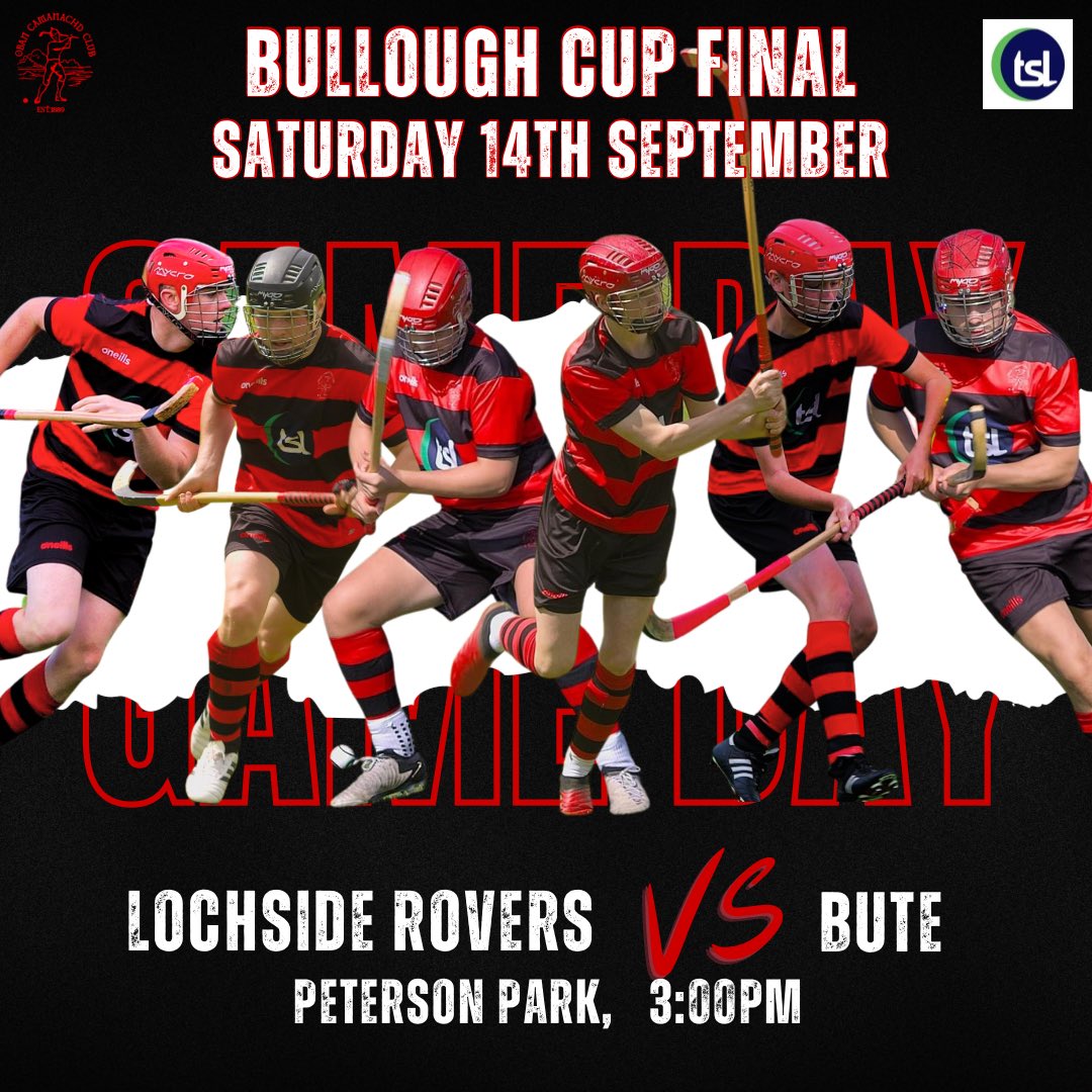 BULLOUGH CUP FINAL 🏆🏆

Get yourselves to Glasgow on Saturday to support the boys! 🔴⚫️

🆚 @buteshintyclub 
🏆 Bullough Cup 🏆
⌚ 3:00pm
🏟️ Peterson Park

Sponsored by: @tslcontractors 🟢🔵

@shinty_camanachd | @shintyscotland 

#WeAreTheObanCamanachd🔴⚫️
