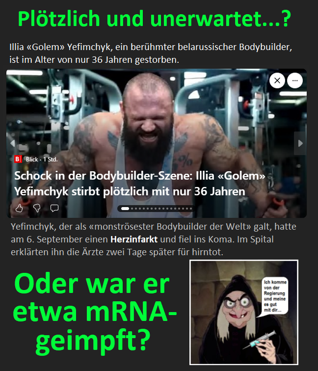 6o7Unimatrix01's tweet photo. The #Biest und #Mutant, Illia #Golem #Yefimchyk, ein berühmter belarussischer #Bodybuilder, ist im Alter von nur 36 Jahren an einem #Herzinfarkt gestorben. #PlötzlichUndUnerwartet #Corona #Impfung #mRNA 
https://t.co/7zcWZ5iOnc https://t.co/NlSEUxIFqk