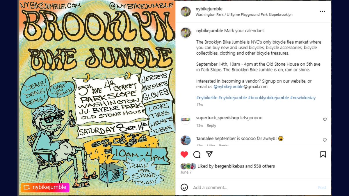 📢 This Saturday, Sept. 14 (10am-4pm) we'll be at the always super fun: Brooklyn Bike Jumble. It will be held at the Old Stone House on 5th Avenue in Park Slope.

We'll be there (along w/ cool vendors &amp; other orgs), so definitely stop by &amp; say hi!!!✨🚲
