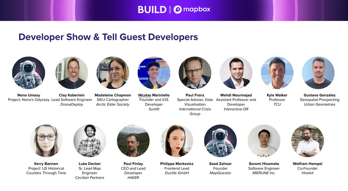 Check out this lineup!! 👀Don't miss the BUILD with Mapbox 2024 finale: Dev Show &amp; Tell and our AMA - tomorrow, Sept 13. 
👉mapbox.com/build/agenda #builtwithmapbox <a href="/Mapbox/">Mapbox</a>