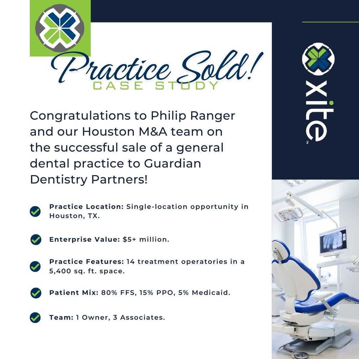 XiteRealty's tweet image. Congratulations to Philip Ranger and our Houston M&amp;amp;A team on the successful sale of a general dental practice to Guardian Dentistry Partners! 

What can Xite do for you? -&amp;gt; ow.ly/y6kZ50TmlPQ

#xitepracticesales #practicetransitions #healthcareacquisitions #SellMyPractice