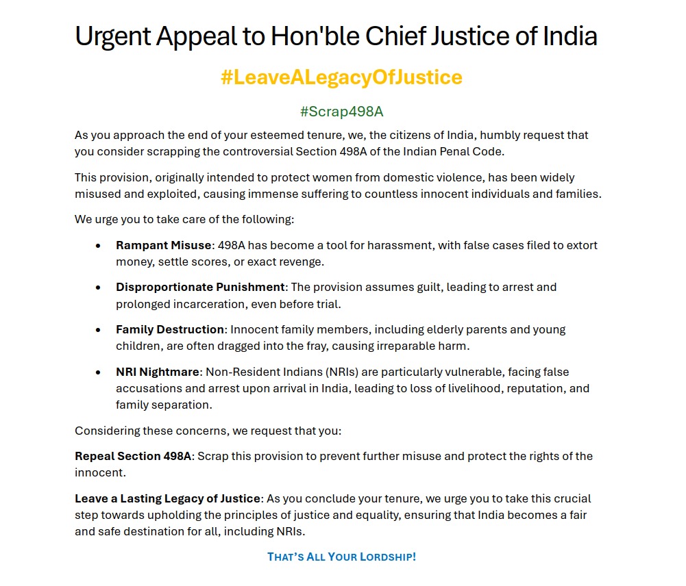 #LeaveALegacyOfJustice 

HELP CREATE A VIRAL WAVE! 

✍️ Read letter to CJI to repeal Sec 498A 
📲 Share 
🔄 Retweet 
👥 Tag friends 
🔥 Let's reach CJI! 

#Scrap498A #JusticeForAll