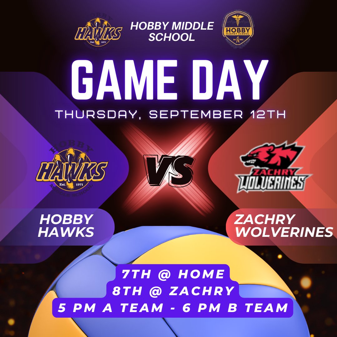 NISDHobby's tweet photo. Its game day for our Lady Hawks as they take on the Zachry Wolverines! Games begin at 5:00 pm, with 7th at home and 8th at Zachary. #Positivepurplepower #GameDay @HobbyGirlsATH https://t.co/FG5fvDrkmQ