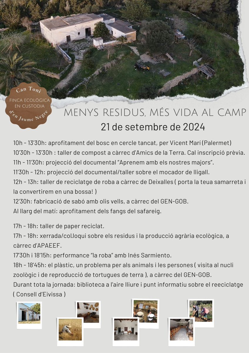 Dissabte 21 de setembre tindrà lloc una jornada de portes obertes a Can Toni d’en Jaume Negre, en la qual hi haurà tallers per a tots els públics, xerrades, demostracions, projeccions, performances, etc. sobre la reducció de residus. <a href="/Consell_Eivissa/">Consell d'Eivissa</a>