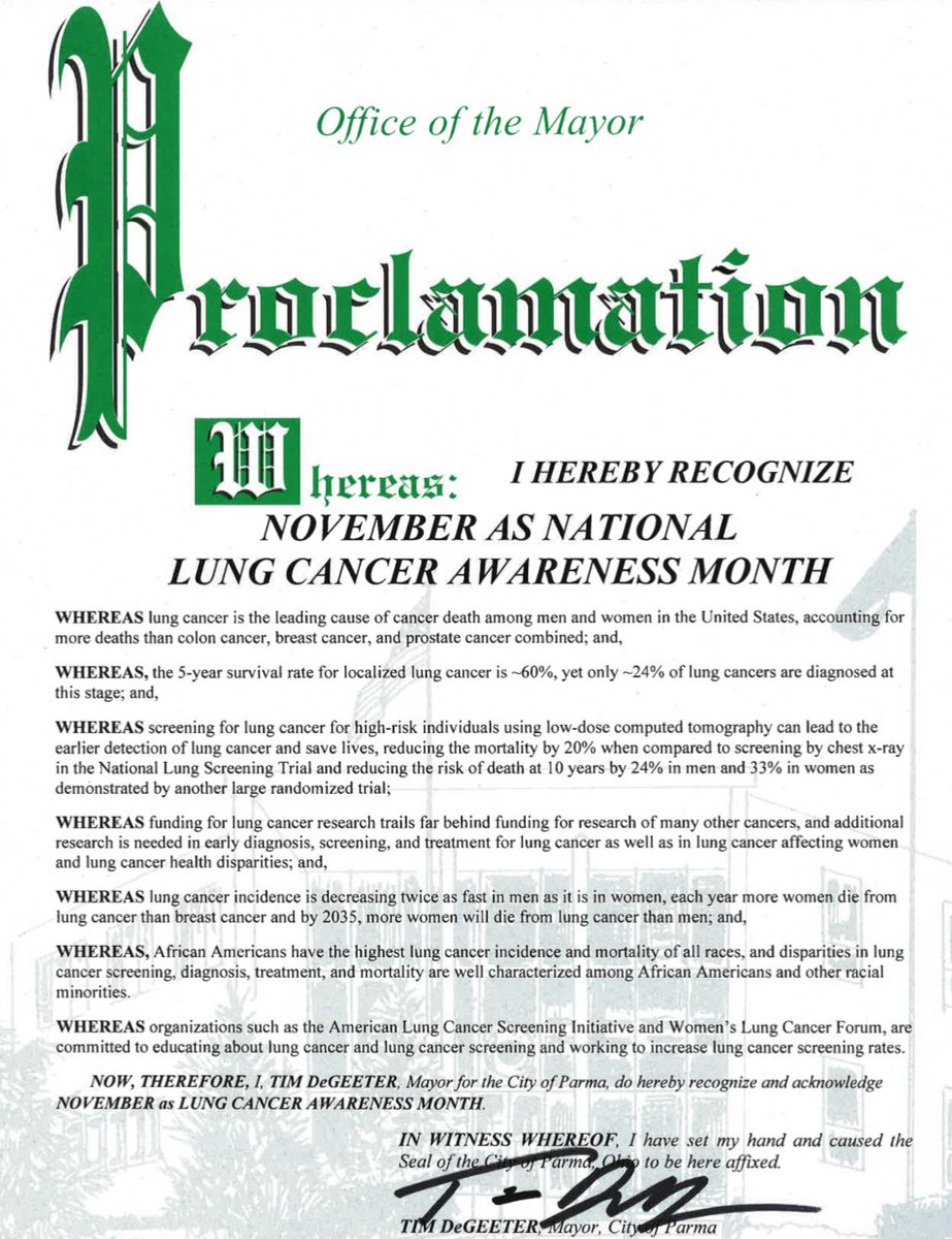 Thank you to Mayor Tim DeGeeter of Parma, Ohio for signing this proclamation recognizing November 2024 as #LCAM! We truly appreciate your support for raising #lungcancerawareness.
