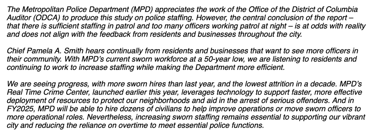 Alex Koma (@alexkomadc) on Twitter photo Here's MPD's statement on the auditor's report. They called its claims that the department doesn't need more patrol officers "at odds with reality." Here's MPD's statement on the auditor's report. They called its claims that the department doesn't need more patrol officers "at odds with reality."