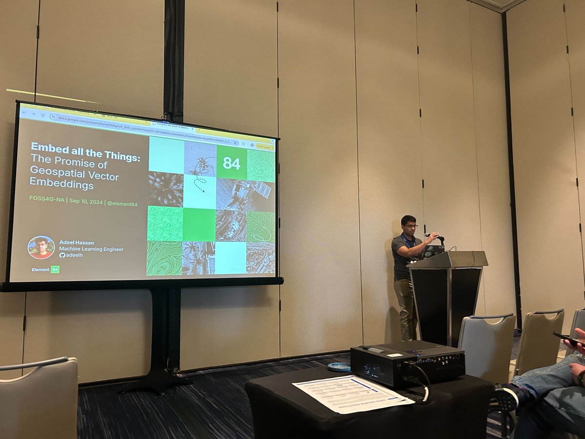 Element84's tweet photo. Popping in to share our highlight reel from this week at @foss4gna! 

Our team had a blast connecting with the #FOSS4G community and sharing E84 updates including new info about #STAPI, our latest geospatial tech radar, LLMs for geospatial search, vector embeddings &amp; more! https://t.co/2pw4ojssR1