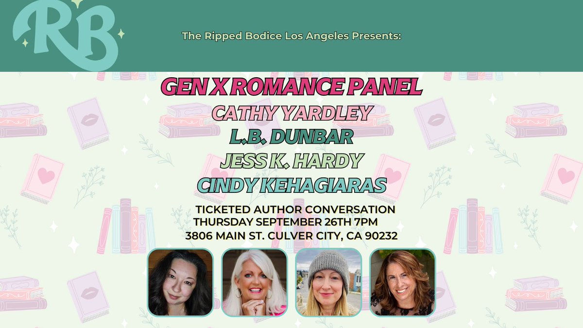 The Ripped Bodice (@therippedbodice) on Twitter photo IN 2 WEEKS! We're hosting an LA #AuthorPanel on Thursday, September 26th at 7pm. @CathyYardley, @LBDunbarWrites, Jess K. Hardy, & <a href="/CMKehSTORIES/">🍸Cindy Kehagiaras🏆Award Winning Midlife Crisis</a> will discuss romance featuring over 40 protagonists.
🎟️Tickets with a $20 Store Credit:
therippedbodicela.com/events-and-tic…
#TheRippedBodiceLA IN 2 WEEKS! We're hosting an LA #AuthorPanel on Thursday, September 26th at 7pm. @CathyYardley, @LBDunbarWrites, Jess K. Hardy, & <a href="/CMKehSTORIES/">🍸Cindy Kehagiaras🏆Award Winning Midlife Crisis</a> will discuss romance featuring over 40 protagonists.
🎟️Tickets with a $20 Store Credit:
therippedbodicela.com/events-and-tic…
#TheRippedBodiceLA
