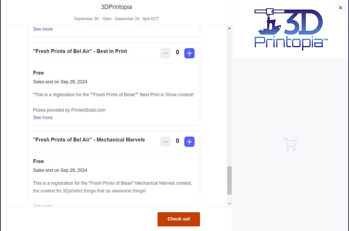 TGAW's tweet photo. You can pre-register your entry for the @3DPrintopia @jcprintnplay #FreshPrintsOfBelAir contest at: https://t.co/UfXaitqoXl
When adding your tickets, add free ticket(s) for the contest(s) you want to enter.
Did I mention there are prizes from @PrintedSolid? :) https://t.co/b2AIncxxln