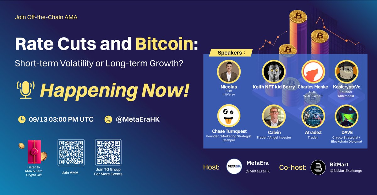 BitMartExchange's tweet photo. 📢 #AMA LIVE NOW 📢

💬 Topic: Rate Cuts and Bitcoin: Short-term Volatility or Long-term Growth?

🔗 Jump in now: https://t.co/xKjEb72DlV

🎁 Live giveaways &amp; market insights—don’t miss out! https://t.co/ZLKeDQwyfP