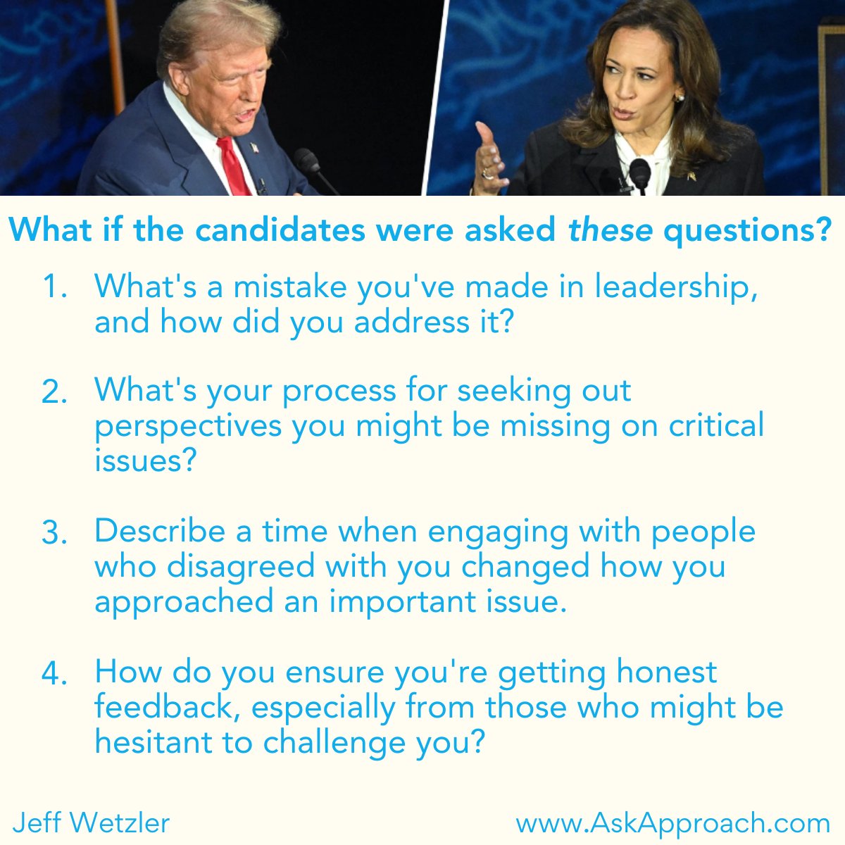 The questions asked during presidential debates don’t often help voters learn anything new about the candidates or their leadership. 

This got me thinking – what questions would actually unlock the information we most need to know when considering who to pick for the top job?