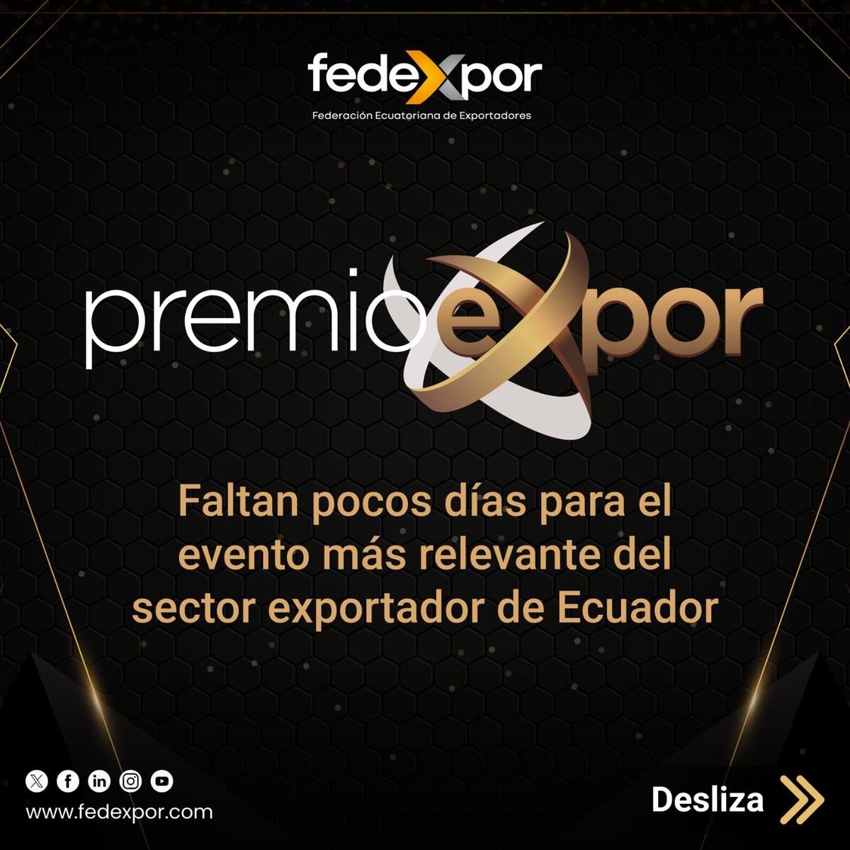 Fedexpor's tweet photo. ¡La gran noche del sector exportador está por llegar! 🌟

Este 19 de septiembre la Federación Ecuatoriana de Exportadores reconocerá el trabajo y las mejores prácticas de las empresas exportadoras ecuatorianas.

 #PremioeXpor se ha consolidado por 14 años como la gala más destacada del comercio exterior en Ecuador.

@fribade