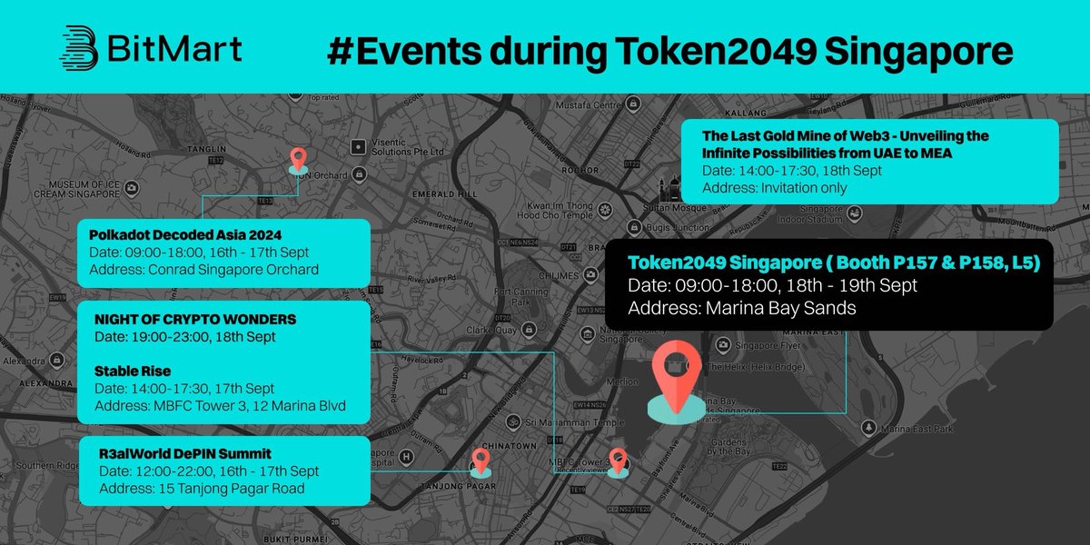 BitMartExchange's tweet photo. @token2049 🔥Get ready for an action-packed week at #Token2049 Singapore @token2049 with #BitMart! Join us at these must-attend events!🇸🇬🗺️

🚀Let’s shape the future of #Web3 together!

#Singapore #BitMartTOKEN2049 #EventWithBitMart https://t.co/wDHWeFKdaY