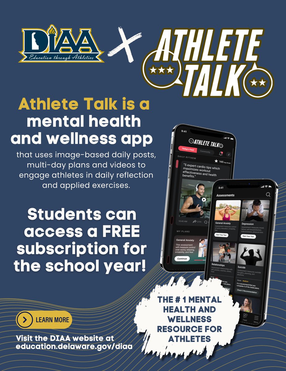 Student-Athletes of DIAA member schools can access a FREE subscription of Athlete Talk for the school year! 

Visit our website to sign up: education.delaware.gov/diaa/diaa_for/…

#DIAA #DelawareInterscholasticAthleticAssociation #EducationThroughAthletics