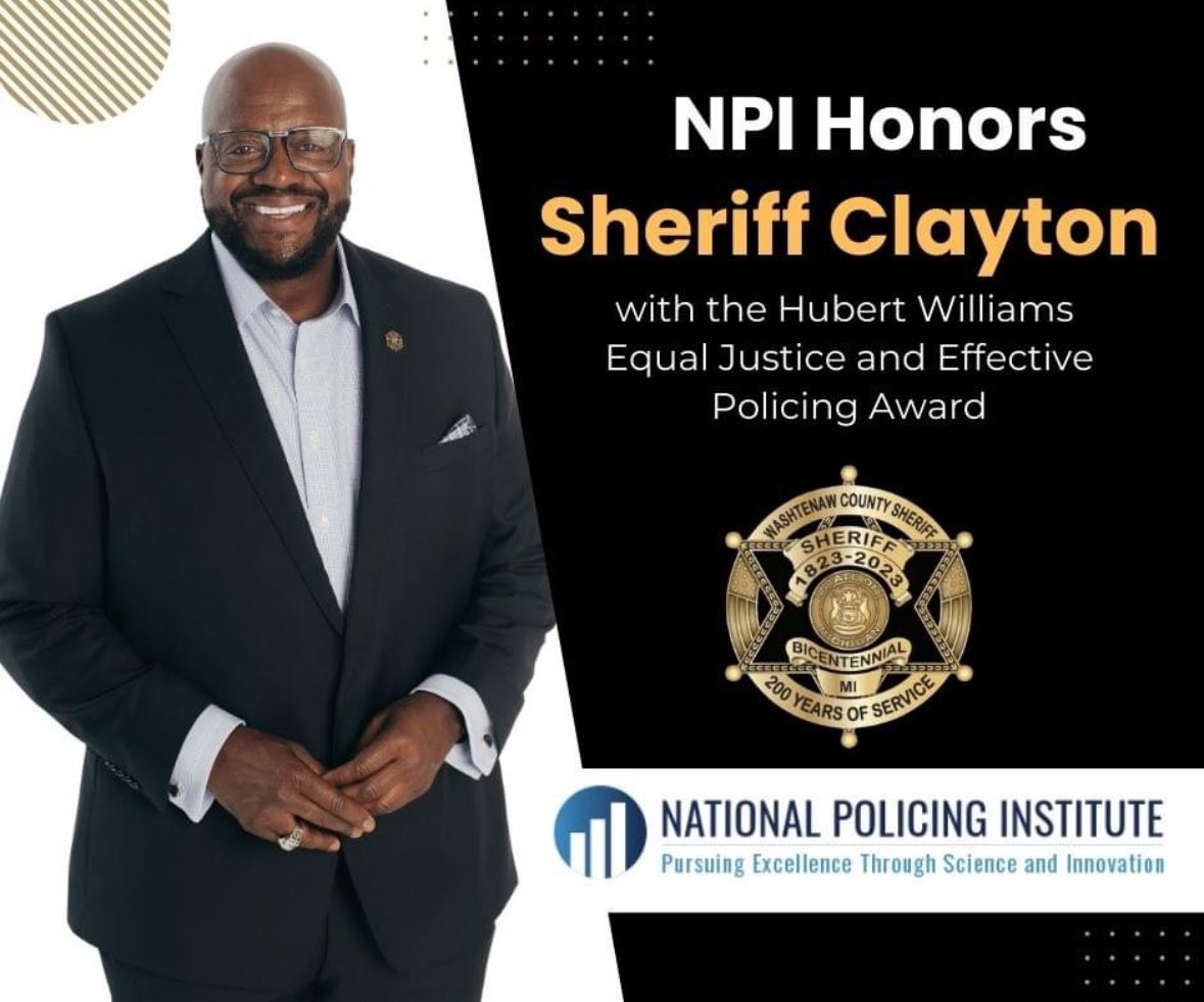 Sheriff Clayton honored with the <a href="/PolicingInst/">National Policing Institute</a> most prestigious annual award. 
The Hubert Williams Equal Justice and Effective Policing Award recognizes a police professional who champions and promotes fairness, equal justice, and the civil rights of all.
policinginstitute.org/announcements/…