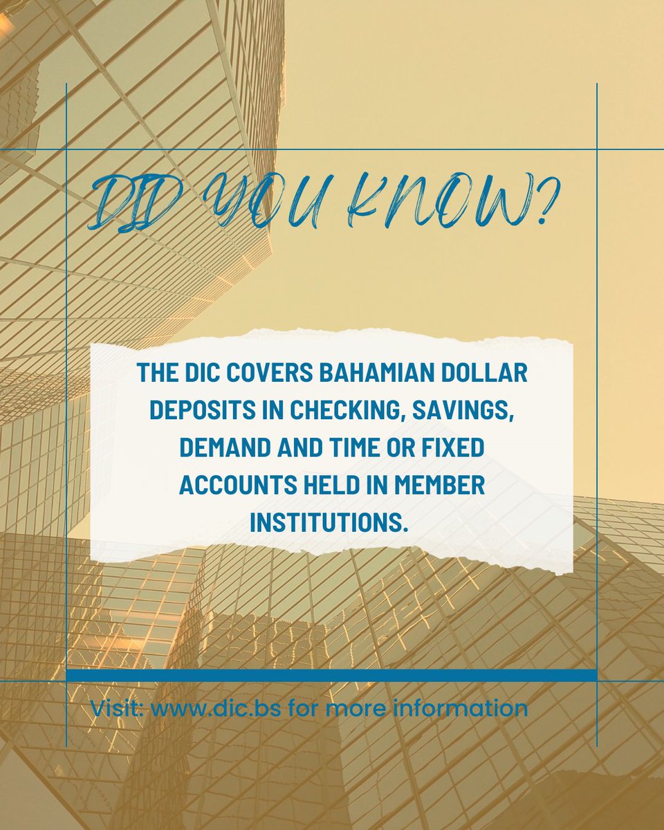 Yes that's right! Savings, checking, demand &amp; time or fixed Bahamian dollar deposit accounts are all covered by the DIC. 

To learn more facts about the DIC visit our website at dic.bs
#dicbahamas
#ProtectingYourDeposits
#depositinsurance