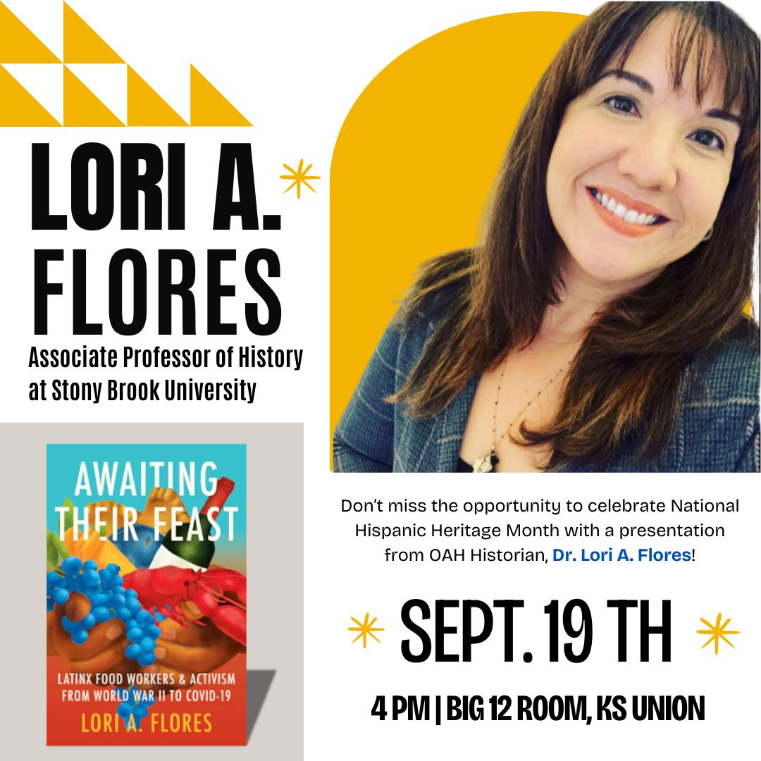 KU History Dept (@kuhistorydept) on Twitter photo 🔔Reminder❗
📅 9/19/24 | 4PM | Big 12 Room, Level 5 of the KS Union
We're one week away from welcoming <a href="/The_OAH/">Organization of American Historians</a> Distinguished Speaker, Prof. Lori A. Flores (<a href="/lori_flori/">Lori frederick</a>) to campus. You won't want to miss this talk!
Details:➡️bit.ly/LoriAFlores 🔔Reminder❗
📅 9/19/24 | 4PM | Big 12 Room, Level 5 of the KS Union
We're one week away from welcoming <a href="/The_OAH/">Organization of American Historians</a> Distinguished Speaker, Prof. Lori A. Flores (<a href="/lori_flori/">Lori frederick</a>) to campus. You won't want to miss this talk!
Details:➡️bit.ly/LoriAFlores
