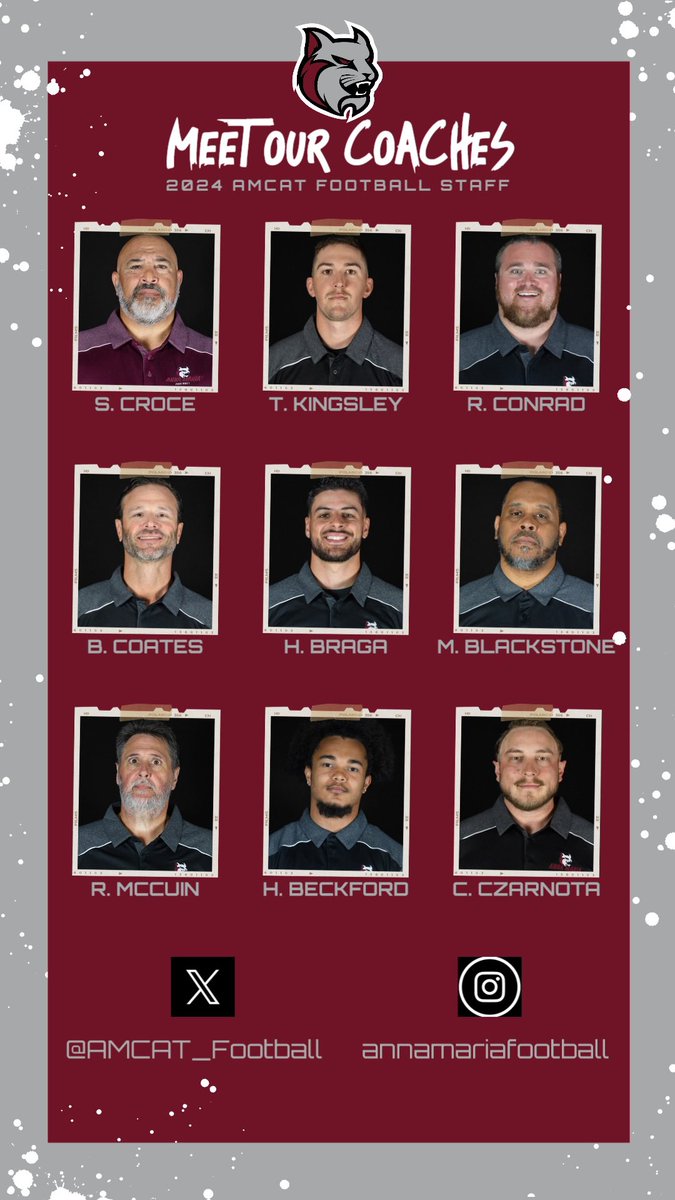 AMCAT Football (@amcat_football) on Twitter photo <a href="/Coach_SCroce/">Steven M Croce</a> - Head Coach
<a href="/CoachTKingsley/">Tanner Kingsley</a> - Associate Head Coach / OC / QB
<a href="/CoachRConrad/">Richard Conrad 🥞</a> - OL / Director of Football Ops
<a href="/CoatesCoach/">Brian Coates</a> - RB / Recruiting Coordinator
@Coach_HBraga - DC / LB
<a href="/M_Blackstone7/">Mike Blackstone</a> - DB
<a href="/MccuinRonnie/">Ronnie McCuin</a> - DL
<a href="/H_Beckford10/">Harold Beckford</a> - WR
<a href="/Coach_Czarnota/">Chandler Czarnota</a> - ST Coordinator <a href="/Coach_SCroce/">Steven M Croce</a> - Head Coach
<a href="/CoachTKingsley/">Tanner Kingsley</a> - Associate Head Coach / OC / QB
<a href="/CoachRConrad/">Richard Conrad 🥞</a> - OL / Director of Football Ops
<a href="/CoatesCoach/">Brian Coates</a> - RB / Recruiting Coordinator
@Coach_HBraga - DC / LB
<a href="/M_Blackstone7/">Mike Blackstone</a> - DB
<a href="/MccuinRonnie/">Ronnie McCuin</a> - DL
<a href="/H_Beckford10/">Harold Beckford</a> - WR
<a href="/Coach_Czarnota/">Chandler Czarnota</a> - ST Coordinator