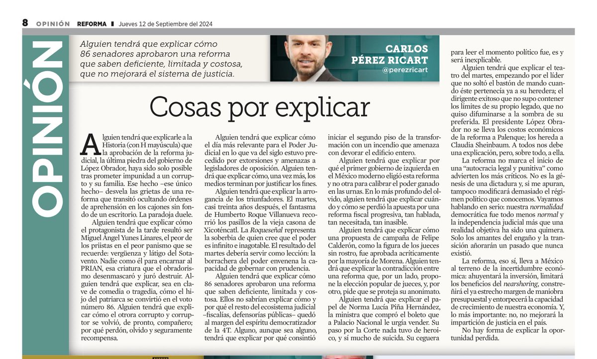 HernanGomezB's tweet photo. Nunca había leído a tantos simpatizantes de la 4T criticar una acción de este gobierno. La reforma aprobada el miércoles — y sobretodo la manera en la que se aprobó— dejarán una huella indeleble en el sexeniode @lopezobradooor_ Aquí las columnas de @jorgezepedap y @perezricart https://t.co/4gEHNld0E6