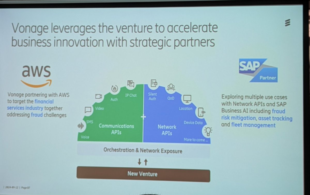 bobodtech's tweet photo. More details on how @Vonage is working with big developers and how their APIs are a key part of the announced new venture from @ericsson and major Telco carriers. #EricssonAnalystEvent https://t.co/mSOSzsbbGP