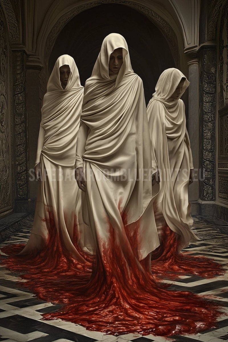 ekdorenbosch's tweet image. #PromptShare #safebackroomblueprints 
A red liquid splatters, enveloping three people in white robes who appear to be ancient priestesses, as they walk through an architectural courtyard of marble and black stone. They wear hoods that cover their faces completely, obscuring their