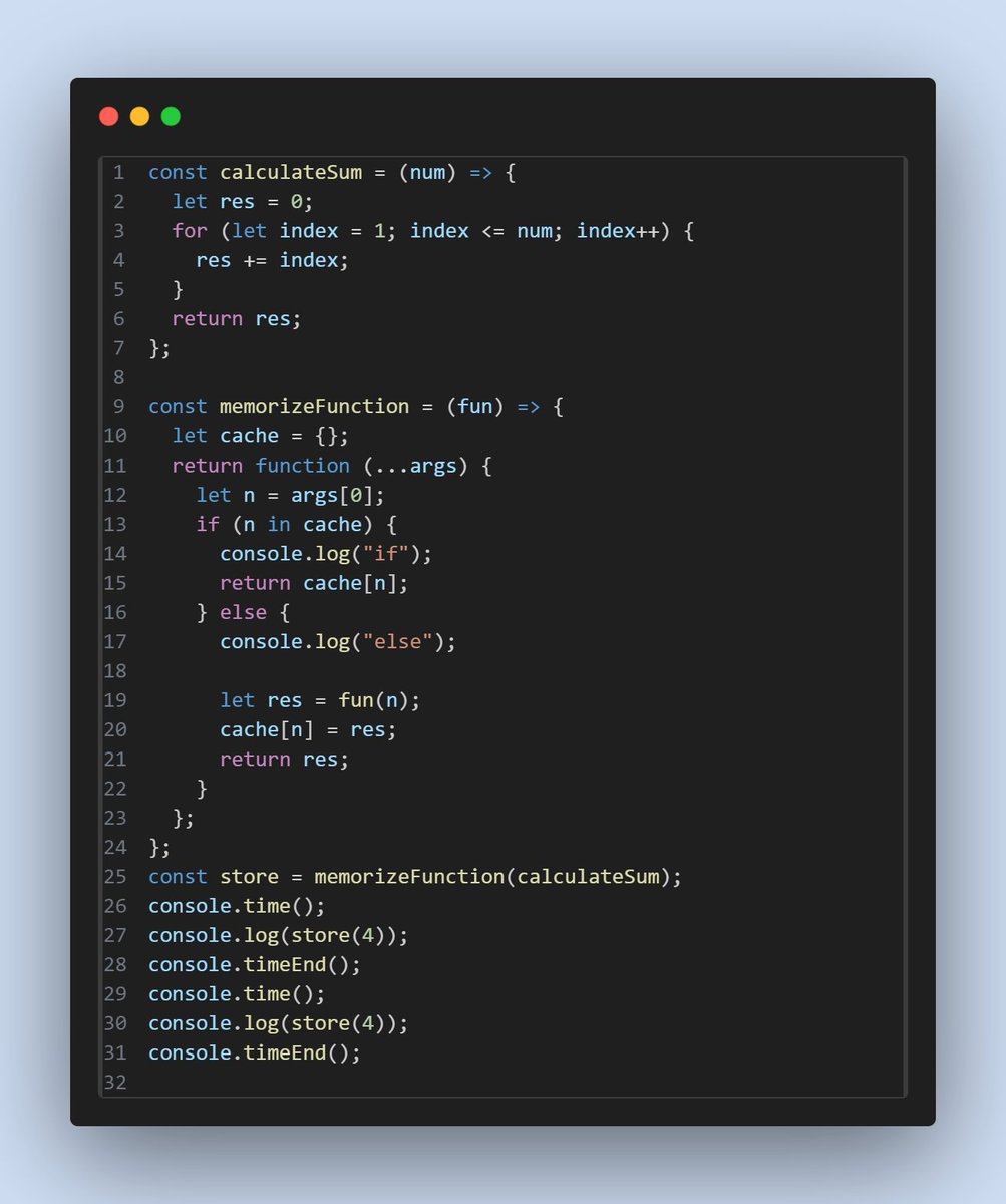 iamvivekaler's tweet image. Optimized my calculateSum function with memoization! Now it&apos;s faster and more efficient by caching results. Check out the code snippet below 
#JavaScript #Memoization #CodingTips #PerformanceOptimizatio