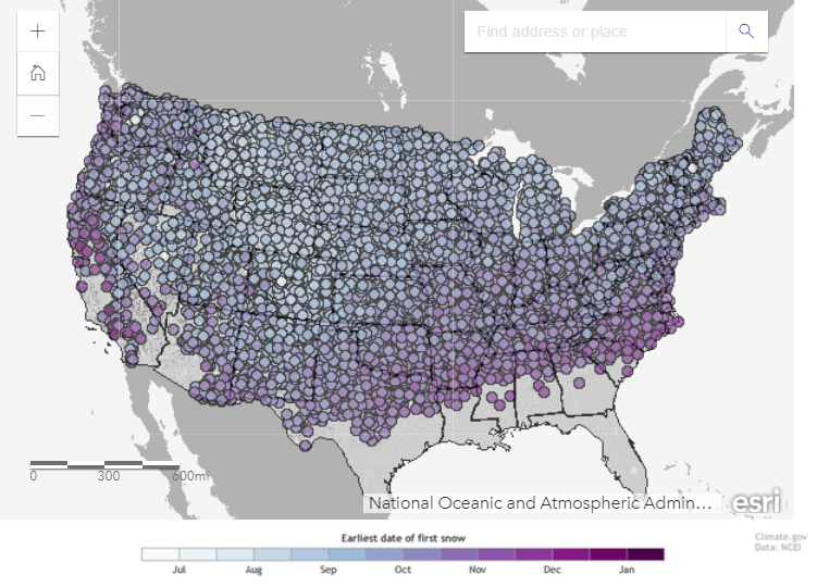 NOAAClimate's tweet photo. September is here, and many across the nation are dreaming of cooler weather and even snow. Check out this interactive map to find out the earliest date snow has fallen across thousands of U.S. stations. https://t.co/N16o0ILwPK https://t.co/KO16vWcW2S