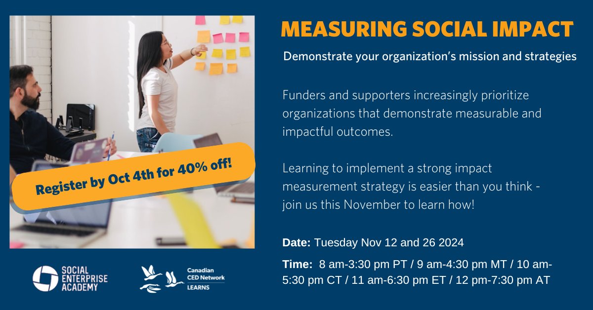 Learn to implement a strong impact measurement strategy! Register before October 4 to get 40% our Measuring Social Impact 2-day course starting in November. #socialimpact #impactmeasurement

ccednet-rcdec.ca/event/understa…