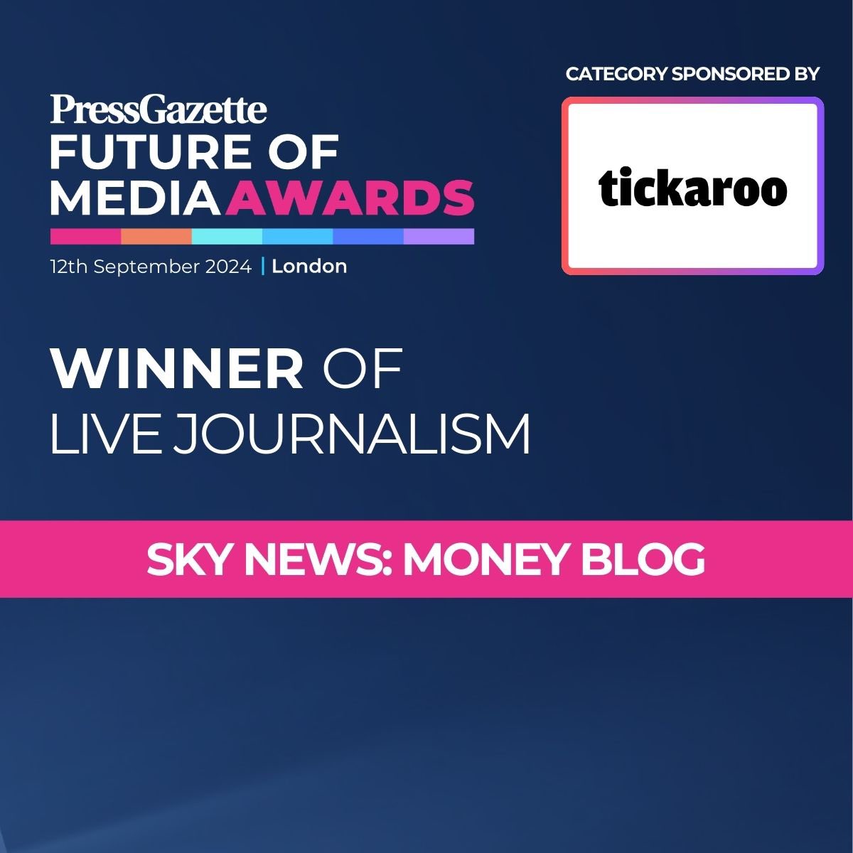 Press Gazette (@pressgazette) on Twitter photo <a href="/contentignite/">Content Ignite®</a> <a href="/Telegraph/">The Telegraph</a> <a href="/PurplePublish/">Purple</a> <a href="/SWNS/">SWNS.com</a> <a href="/FT/">Financial Times</a> <a href="/thecourieruk/">The Courier</a> <a href="/pressjournal/">The Press and Journal</a> <a href="/tickaroo/">Tickaroo Live Blog</a> <a href="/TheAthletic/">The Athletic</a> Winner of Live Journalism sponsored by <a href="/tickaroo/">Tickaroo Live Blog</a> is <a href="/SkyNews/">Sky News</a> for its money blog! #FutureMediaAwards <a href="/contentignite/">Content Ignite®</a> <a href="/Telegraph/">The Telegraph</a> <a href="/PurplePublish/">Purple</a> <a href="/SWNS/">SWNS.com</a> <a href="/FT/">Financial Times</a> <a href="/thecourieruk/">The Courier</a> <a href="/pressjournal/">The Press and Journal</a> <a href="/tickaroo/">Tickaroo Live Blog</a> <a href="/TheAthletic/">The Athletic</a> Winner of Live Journalism sponsored by <a href="/tickaroo/">Tickaroo Live Blog</a> is <a href="/SkyNews/">Sky News</a> for its money blog! #FutureMediaAwards