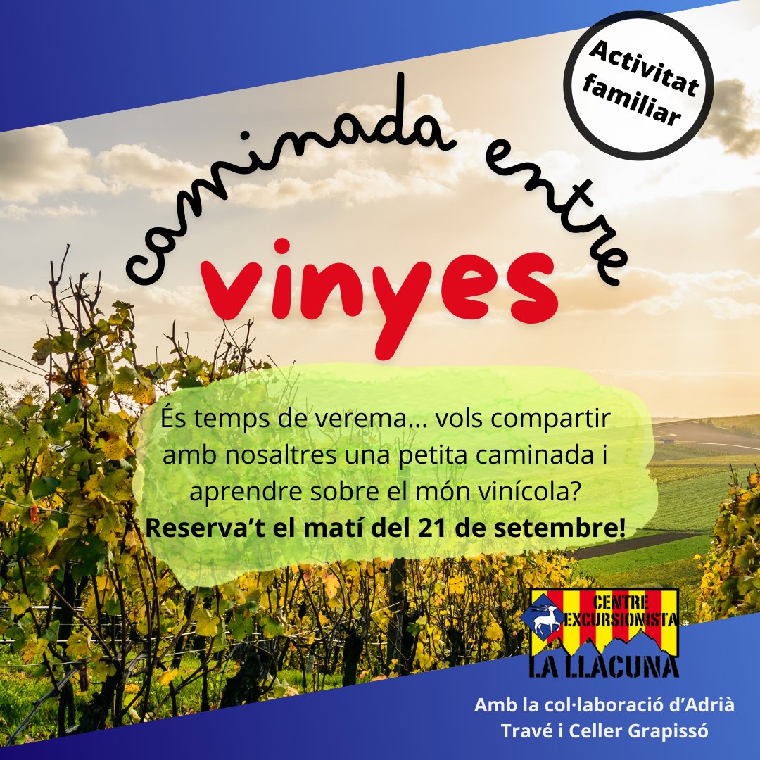 celallacuna's tweet photo. 📢 Atenció! Al cartell que vam compartir ahir hi havia un error. La caminada entre vinyes serà el dissabte 21. Apunteu la nova data😉
Ben aviat us farem arribar tots els detalls!
#celallacuna #caminadafamiliar https://t.co/cUvSO8AhNF