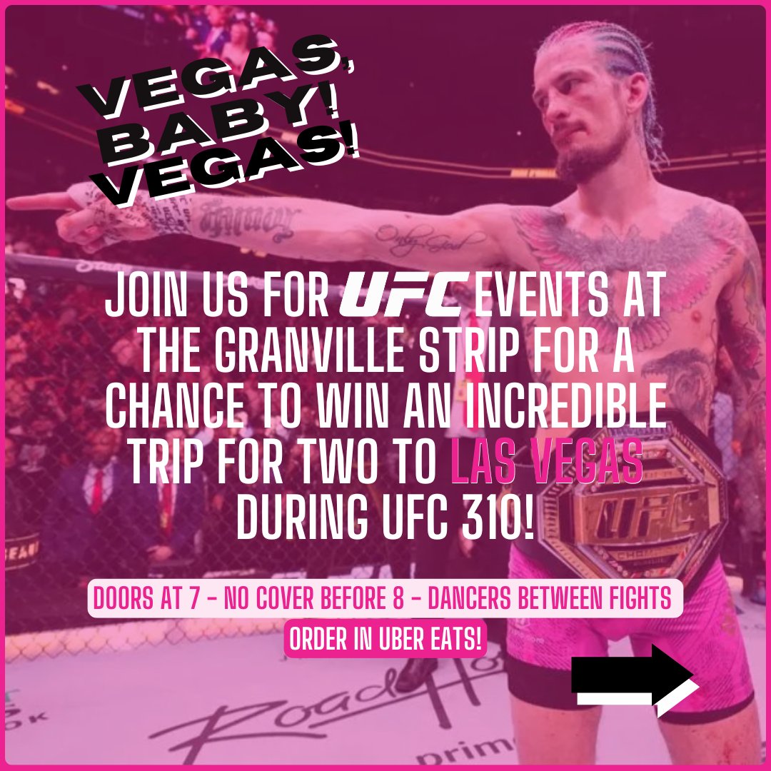GranvilleStrip's tweet photo. TWO DAY WARNING! Watch UFC 306 with us to be entered into a trip for two to Las Vegas! Flights, room, $500 cash.

Walk-ins welcome or reserve a table TODAY.
Email res@thegranvillestrip.com

#UFC306⁠
#UFCFightNight⁠
#UFCWatchParty⁠
#VanNightOut⁠
#YVRNightlife⁠
#win
#contest https://t.co/7lwoEKeOdm