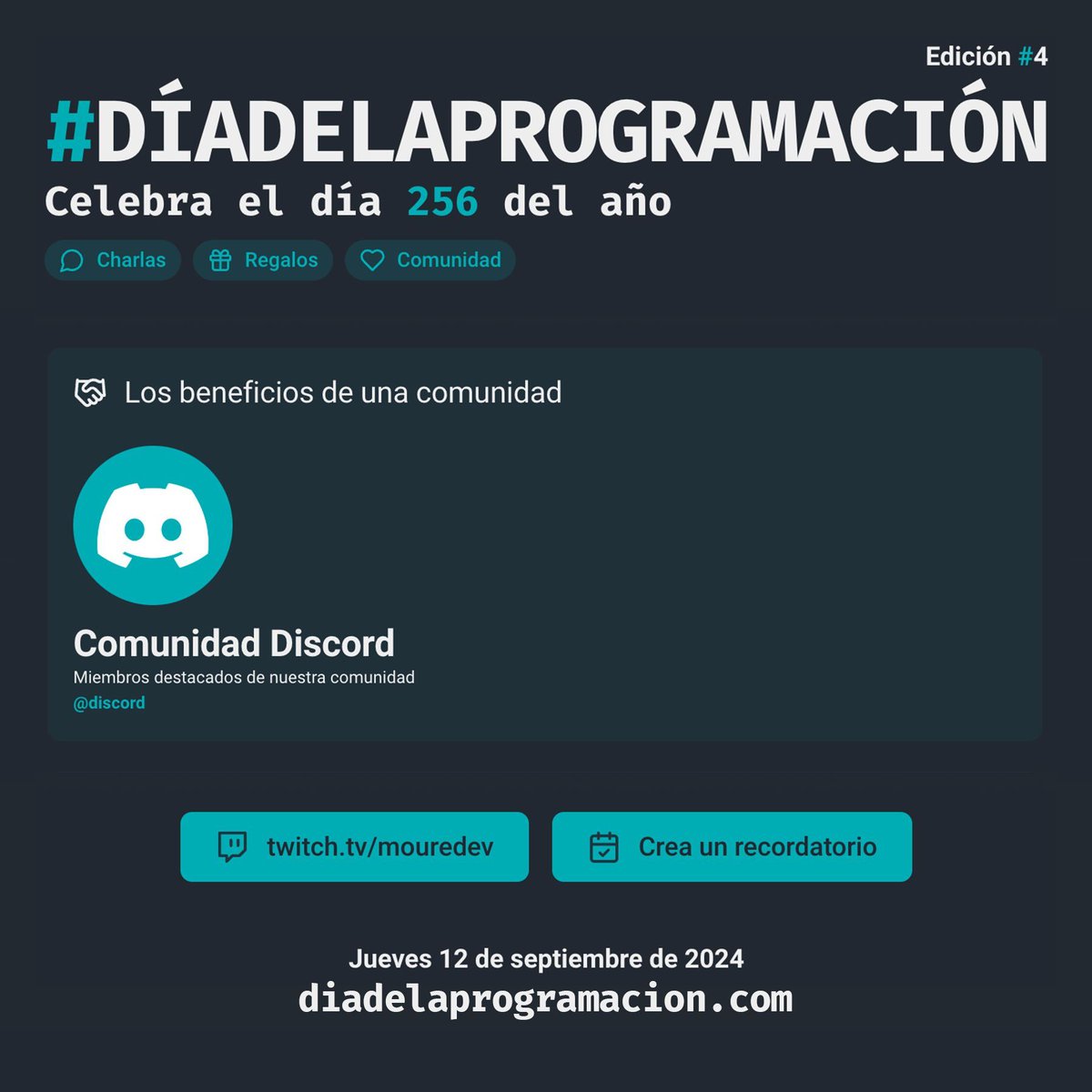 MoureDev's tweet photo. Comienza la penúltima mesa redonda del #diadelaprogramacion 🥳

🤝 LOS BENEFICIOS DE UNA COMUNIDAD:
Formada por gente destacada de nuestro Discord, para así hablarnos sobre su experiencia.

🎁 + sorteo de regalos entre asistentes

Comparte y entra: 
🟣 https://t.co/OCwIcKIYqQ https://t.co/bIemxDzvh2