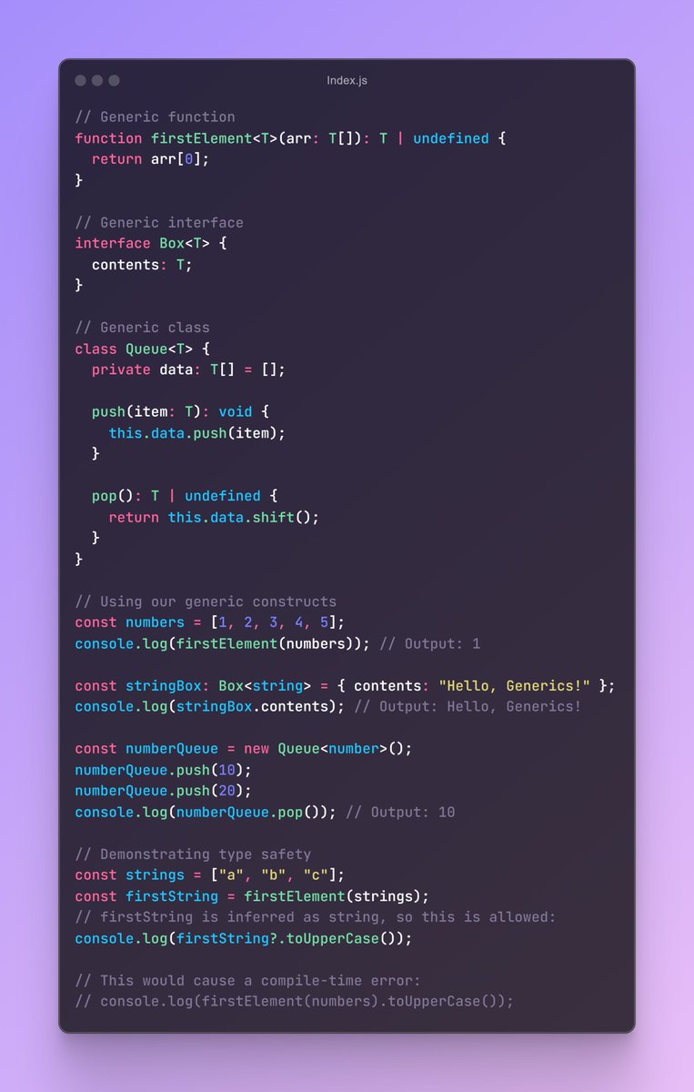 devqing_'s tweet image. 🧩 Day 3 of #30DaysOfTypeScript: Generics! 🚀
- Reusable type definitions 🔄
- Enhanced type safety 🛡️
- Flexible code structures 🌈
Code sample below! 💻
#30daysofcode #TypeScript #buildinginpublic