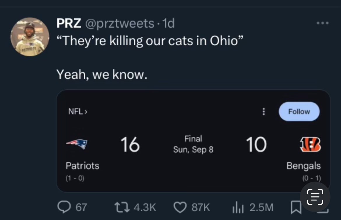 LarkLogan's tweet photo. According to the #OrangeOne; AKA:
#FirstFelontrump: Migrants are eating dogs & cats in Springfield, OH. Well…It must be an #Ohio, thing after all- #Cincinnati had a rough go a few days ago😉…A friend just sent this score shot with appropriate comment🤗 https://t.co/tWPbTo2IaH