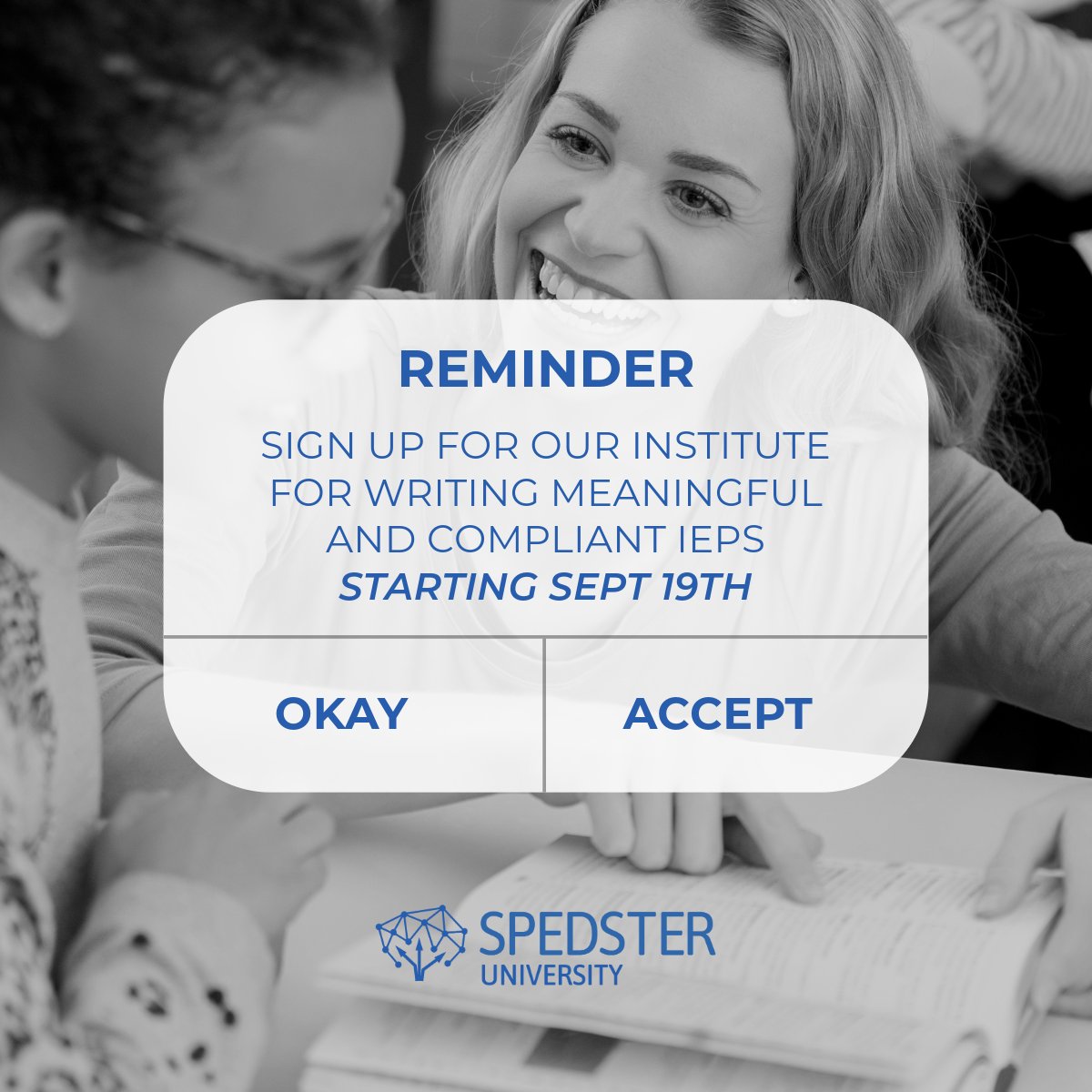 KurtHulett's tweet photo. Are you ready to master the art of writing individualized and impactful IEPs?

Join our new Learning Institute, designed to provide legal and educational knowledge to develop comprehensive and meaningful Individualized Education Programs (IEPs). REGISTER! https://t.co/c7mJSJqTWz https://t.co/DZCvmO8tGD