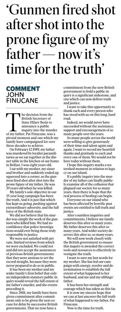 ✍🏼 Writing in today’s Belfast Telegraph, I spoke about my family’s campaign for a public inquiry into my father’s murder.

Have a read for yourself. 

Now is the time for truth. #PatFinucane