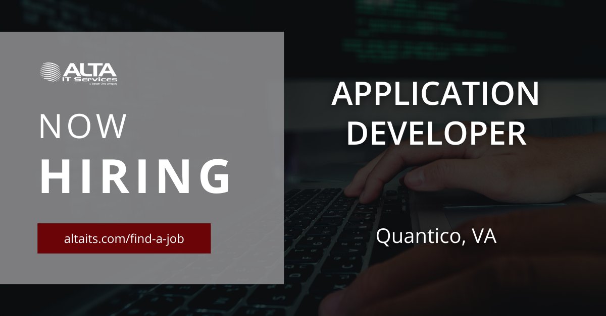 altaitservices's tweet photo. ALTA IT Services is #hiring an Application Developer for work in Quantico, VA .
Learn more and apply today: https://t.co/xVAWHSw9Dl
#ALTAIT #FrontEndDeveloper #SoftwareDevelopment #JavaPython #CloudNativeApps #TopSecretClearance https://t.co/69u6Im43br