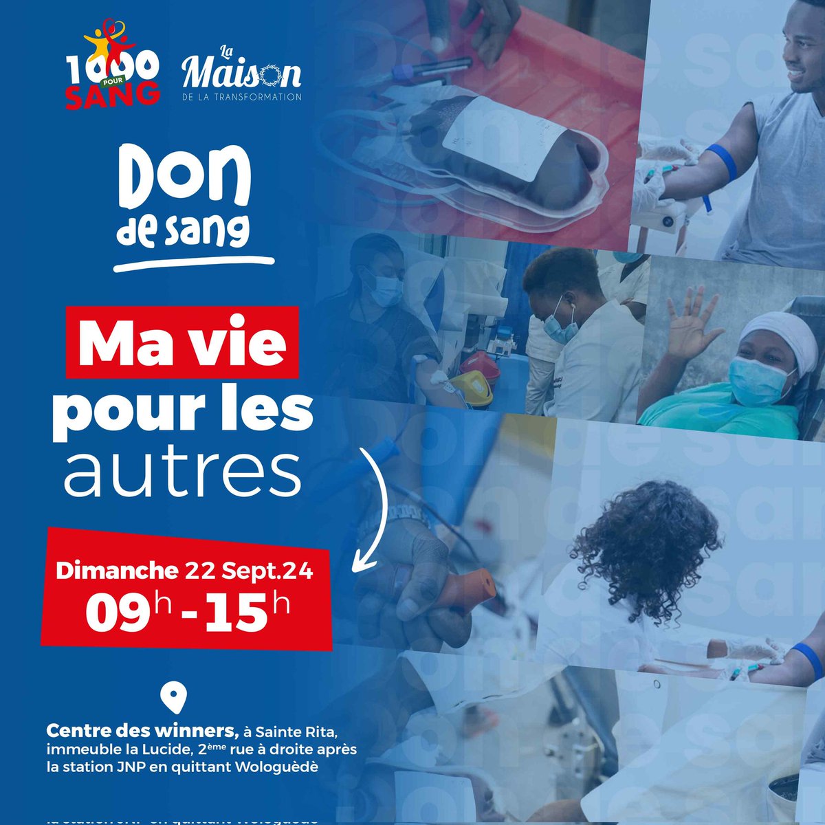 Et si nous donnions un peu de nos vies pour les autres? 
1000Poursang en collaboration avec la Maison de la Transformation vous convie à une 
Nouvelle Campagne de don Sang🩸
Dimanche 22 Septembre 2024 
9h à 15h 
Centre des Winners, Ste Rita.
Alors, êtes-vous prêts ?
#1000poursang