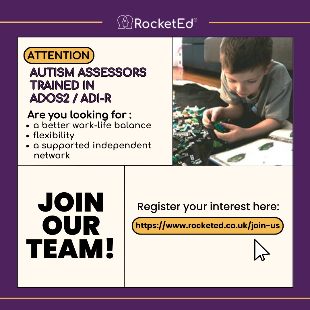 HanRocketEd's tweet image. Calling all UK-based Autism Assessors trained in ADOS2 / AD-R!

Are you looking for the opportunity to expand your
practice, establish a better work-life balance, and earn
a competitive income?

We would love to have you on our team! 
Learn more at rocketed.co.uk/join-us 🚀