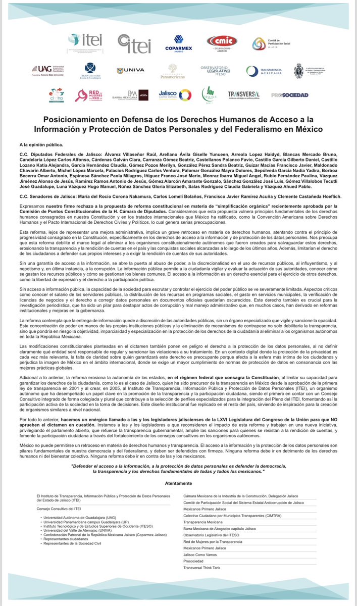 olinavarr's tweet photo. Dimos a conocer el posicionamiento de @ITEIJal y 18 instituciones más en #Jalisco por el cual rechazamos la reforma constitucional en materia de simplificación orgánica por ser violatoria de Derechos Humanos de las y los mexicanos. Instamos a las y los legisladores a reconsiderar el impacto que tendría la eliminación de los organismos autónomos y la regresión en los derechos de #accesoalainformación y #Proteccióndedatospersonales y para emitir una nueva iniciativa que surja de un verdadero #parlamentoabierto que escuche las voces de académicos, sociedad civil, empresarios y especialistas en estas materias (Hilo)