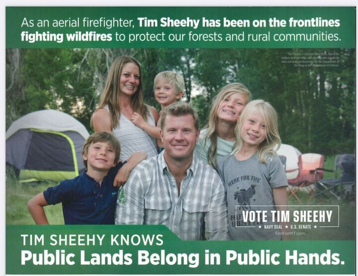 c_m_dangelo's tweet photo. i'm told these pro-public land mailers are landing in Montana voters' mailboxes

look closely and you'll notice Sheehy is wearing a PERC shirt

PERC is the nonprofit that Sheehy failed to disclose his board post at &amp; that has a history of advocating for privatizing public lands https://t.co/m9sRRS7MPG