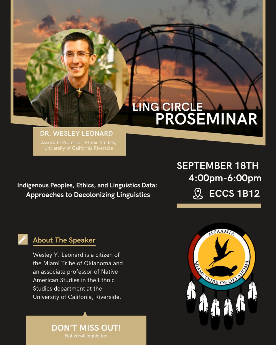 CU Boulder Linguistics (@culinguistics) on Twitter photo We're so excited to welcome Dr. Wesley Leonard of <a href="/UCRiverside/">UC Riverside</a> as our first #LingCircle speaker of the year! Join us in person or on Zoom to learn about the ethical & political implications of working with Indigenous linguistic data: colorado.edu/linguistics/20… We're so excited to welcome Dr. Wesley Leonard of <a href="/UCRiverside/">UC Riverside</a> as our first #LingCircle speaker of the year! Join us in person or on Zoom to learn about the ethical & political implications of working with Indigenous linguistic data: colorado.edu/linguistics/20…
