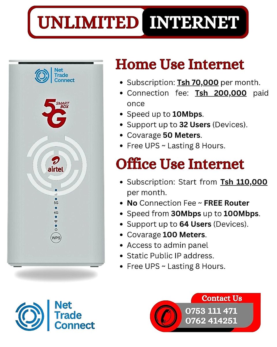 NetTradeConnect's tweet photo. 🏠 HOME INTERNET 🛜

👇UNLIMITED package 📦

👉🏿Duration 30 days 😙✨
👉🏿Speed up to 30 Mbps 🔥
👉🏿users up to 64 devices👍
👉🏿Distance up to 100 meters🦵🏿🦵🏿
👉🏿Price 110,000 per month🗓️
👉🏿Free 🆓 installation charges🤯

📞 https://t.co/XxXMJmLC8n https://t.co/EvZEaW7g3P