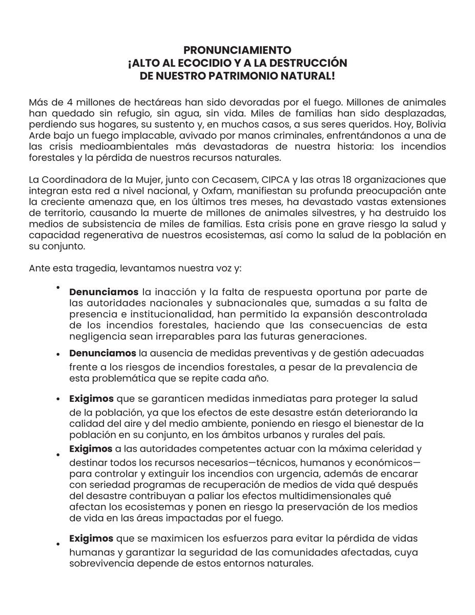 CoordinadoraBO's tweet photo. #BoliviaArde
La #CoordinadoraDeLaMujer, junto a @Cecasem, @CIPCA y 18 organizaciones de la red nacional, y @Oxfam, manifiestan su profunda preocupación ante la devastación del ecosistema a causa de los #IncendiosForestales. 
¡Exigimos acciones urgentes para frenar este ecocidio! https://t.co/nSnHzxLCyN