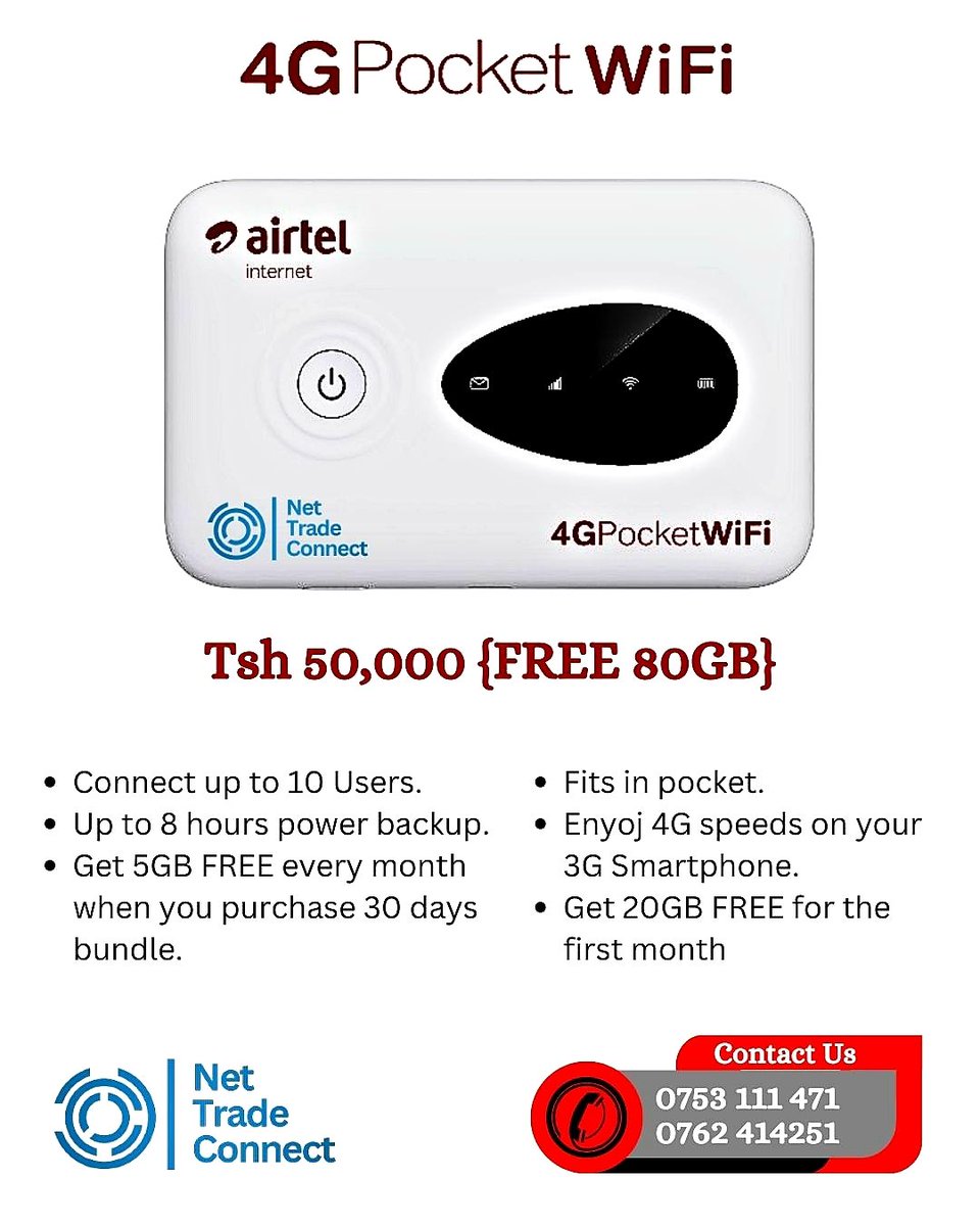 NetTradeConnect's tweet photo. Get 20GB FREE for the first month and 5GB FREE every month when you purchase 30 days bundle.

• Enjoy 4G speeds.
• Connect up to 10 users.
• Up to 8 hours battery backup.

Monthly subscription
▪︎10GB ~ Tsh 10,000/=
▪︎22GB ~ Tsh 20,000/=

📞 https://t.co/XxXMJmL4iP https://t.co/1UmfXSu3Dx