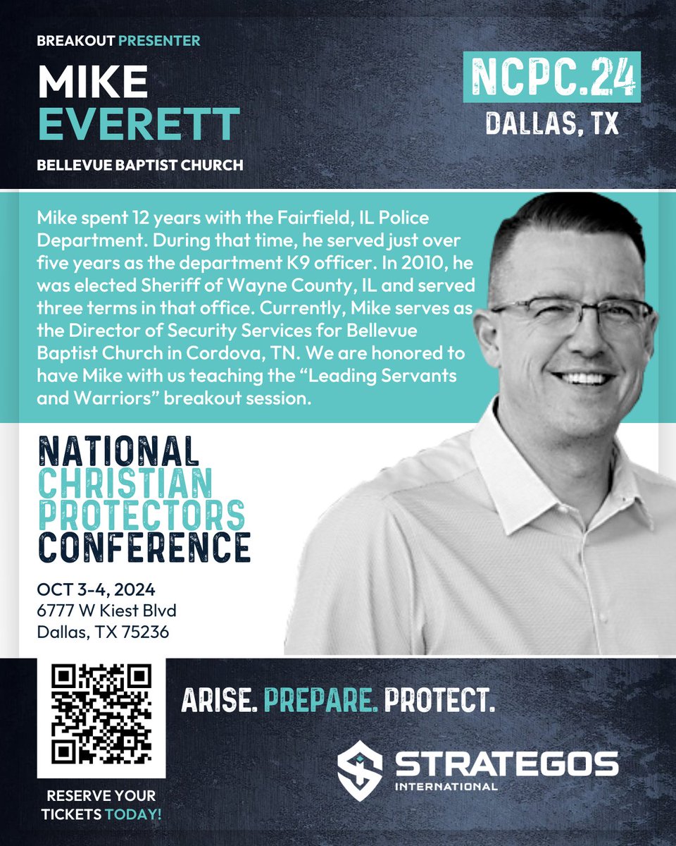 TeamStrategos's tweet photo. Learn proactive safety plans &amp; crisis response from Mega Church Leaders!
Join us at #NCPC24 with experts: 
🗣️David Dixon (Second Baptist, TX)
🗣️Raashid Brown (The Potter's House of Dallas)
🗣️Mike Everett (Bellevue Baptist, TN). 
📍Dallas
📅Oct 3-4 #ChurchSafety #ProtectYourPeople https://t.co/f9vay5pnCs