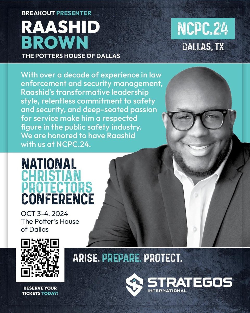 TeamStrategos's tweet photo. Learn proactive safety plans &amp; crisis response from Mega Church Leaders!
Join us at #NCPC24 with experts: 
🗣️David Dixon (Second Baptist, TX)
🗣️Raashid Brown (The Potter's House of Dallas)
🗣️Mike Everett (Bellevue Baptist, TN). 
📍Dallas
📅Oct 3-4 #ChurchSafety #ProtectYourPeople https://t.co/f9vay5pnCs