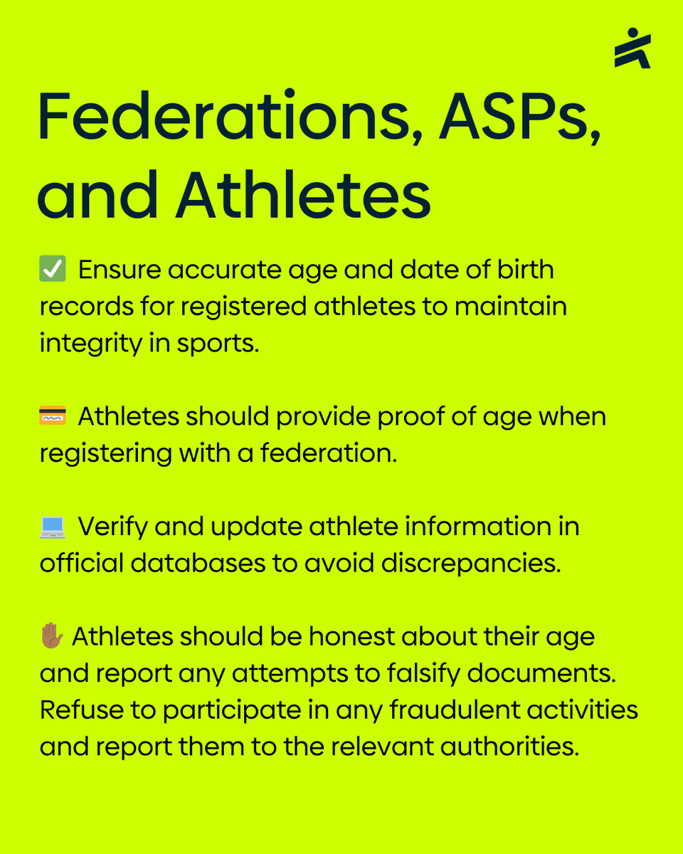 aiu_athletics's tweet photo. Age manipulation is a serious threat to the integrity of athletics and adversely affects the reputation of our sport. 🚩 Noticed something suspicious? Help us to protect the integrity of athletics and report anonymously at https://t.co/qFVcHjPSWZ
#AgeManipulation #Athletics https://t.co/poRJaaTbRl