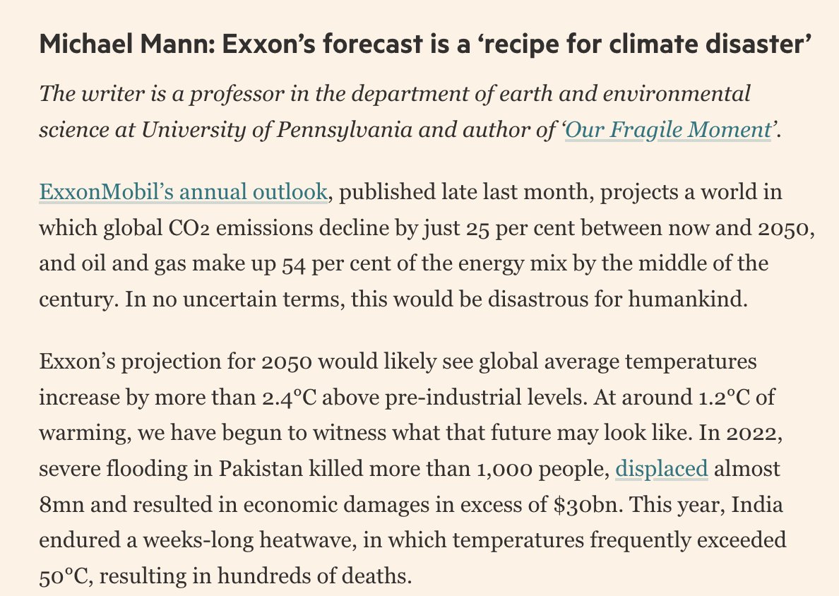 MichaelEMann's tweet photo. Exxon’s forecast is a ‘recipe for climate disaster’ | My commentary today in the Financial Times (@FT), outside the paywall: https://t.co/1wCVAlizrQ https://t.co/LsfrzGmbYC