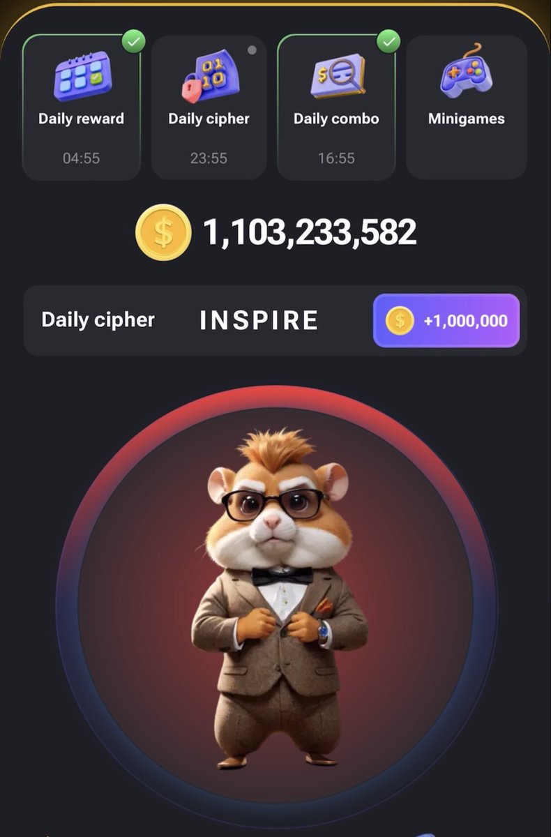 benjaminxbt's tweet photo. Hamster kombat All in one‼️

✅Daily combo
✅Daily cipher
✅Mini game

I:  ● ●
N: ▬ ●
S: ● ● ●
P: ● ▬ ▬ ●
I:   ● ●
R:  ● ▬ ● 
E:  ●

🐹 #hamsterkombat #HAMSTER #dailycombo #minigame https://t.co/o8J0x2uZYH